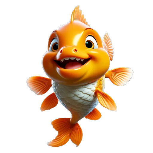Cute 3D orange and white cartoon carp fish character with a friendly smile and glossy finish.