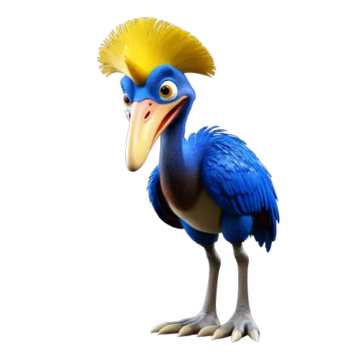 Vibrant blue 3D animated cassowary bird featuring a bright yellow crest and large tan beak.