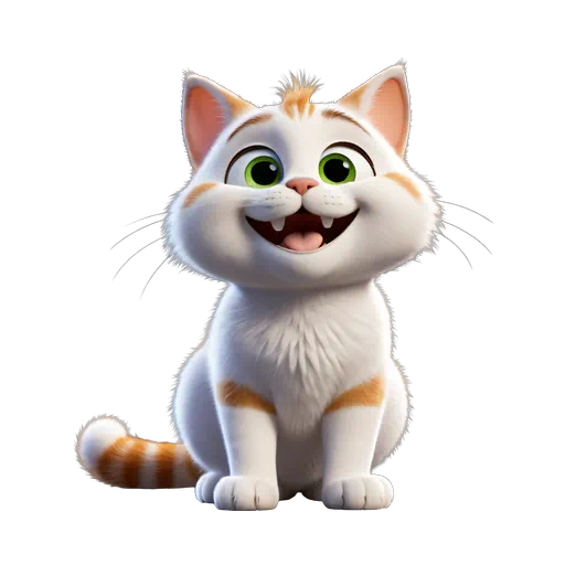 Cute 3D cartoon white and orange tabby cat sitting with a big smile and bright green eyes.