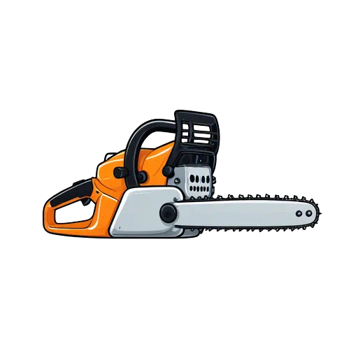 Vibrant orange and grey vector chainsaw illustration with bold black outlines on a clean white background.
