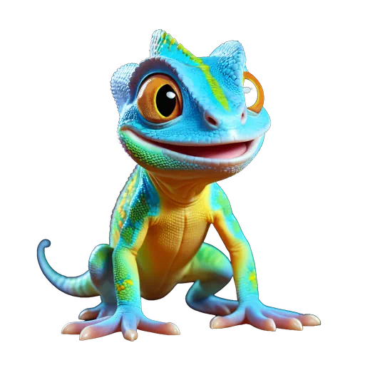 Vibrant 3D animated chameleon character with bright blue and yellow skin, large orange eyes, and a friendly smile.