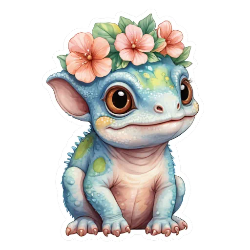 Cute blue baby chameleon wearing a pink floral crown sticker with watercolor style and large brown eyes.