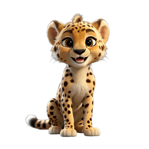 Cute 3D animated baby cheetah cub with golden fur and black spots, sitting upright against a white background.