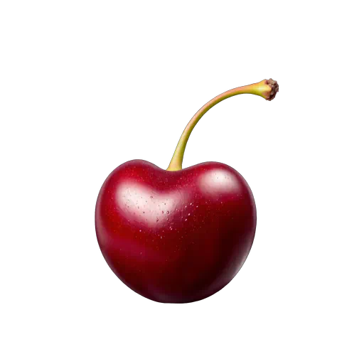 Glossy deep red cherry with a green stem and realistic water droplets, isolated on a white background.