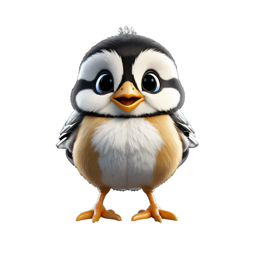 Adorable 3D cartoon chickadee bird with large eyes, black and white markings, and fluffy tan chest feathers.