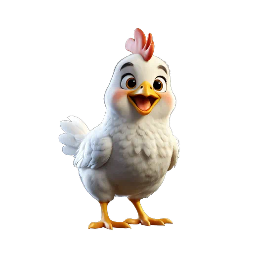 Friendly white cartoon chicken with a red comb and orange feet, 3D rendered style with a happy expression.