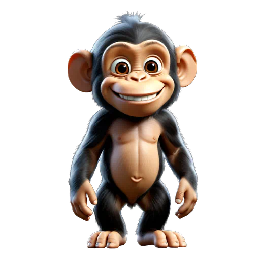 3D animated baby chimpanzee character smiling, featuring black fur and tan skin, isolated on a white background.
