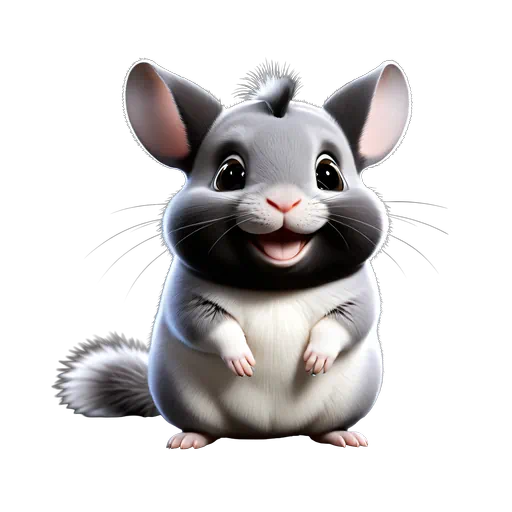 Cute gray and white 3D animated chinchilla with large ears and a happy smiling face.