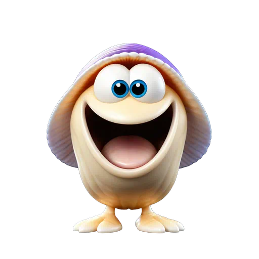 3D animated cute clam character with a purple shell, wide happy smile, and cream body on white background.