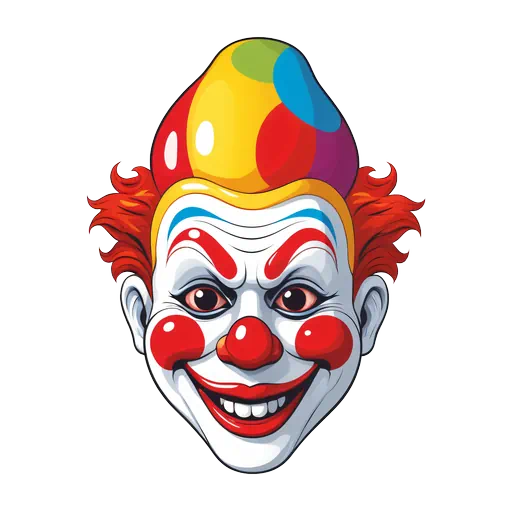 Illustration of a scary clown face with red hair, multi-colored hat, and wide smile on white background.