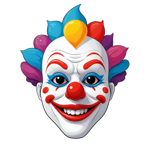 Vibrant cartoon clown mask clip art with white face, red smile, and colorful hair tufts for Halloween.