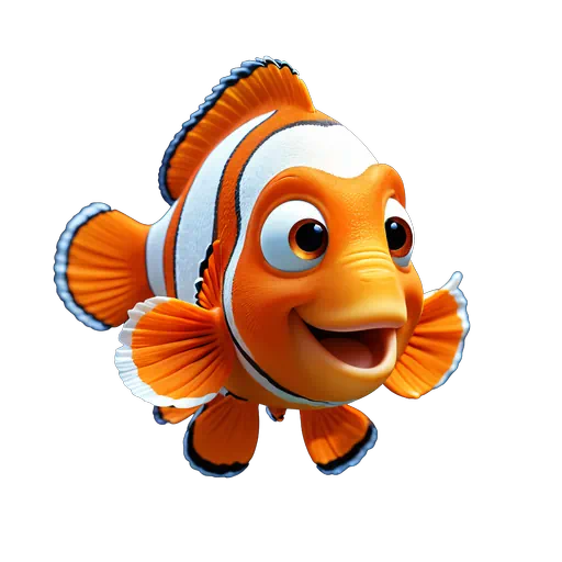 Animated orange and white clownfish character with a friendly smile, vibrant 3D sea life illustration.
