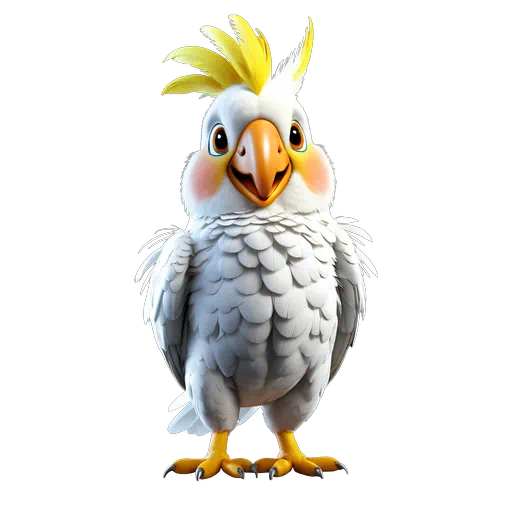 3D stylized white cockatoo illustration with a yellow crest and rosy cheeks on a white background.