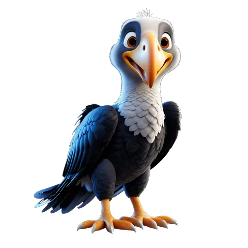 3D animated cartoon condor bird character with black feathers, white neck ruff, and large orange beak.