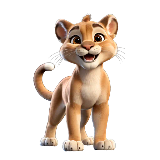 Friendly 3D animated cougar cub with golden-tan fur and large eyes in a cute, cartoon style.