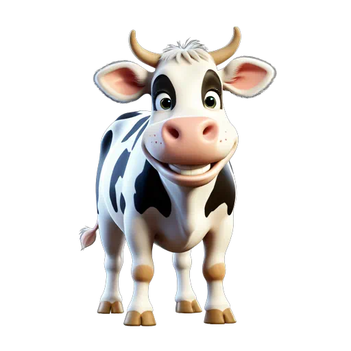 Cute 3D animated black and white spotted cow with a friendly smile and pink nose, mascot style.