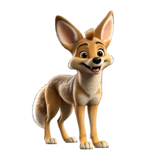 Cute 3D animated coyote character with tan and white fur, large ears, and a friendly smiling expression.