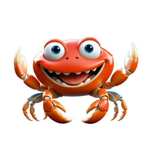 Friendly 3D animated orange crab with a big smile, large blue eyes, and raised claws.