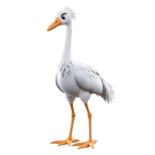 3D animated white crane bird character with an orange beak and legs, rendered in a clean digital style.