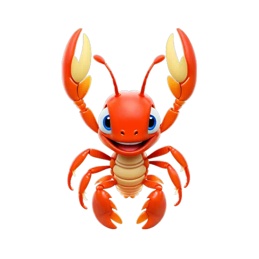 Vibrant orange 3D cartoon crayfish character with large blue eyes and raised claws, friendly sea life illustration.