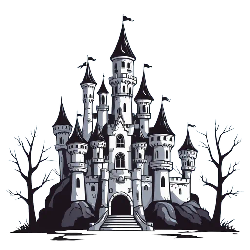 Grayscale gothic haunted castle with tall spires and leafless trees against a blue background in vector style.