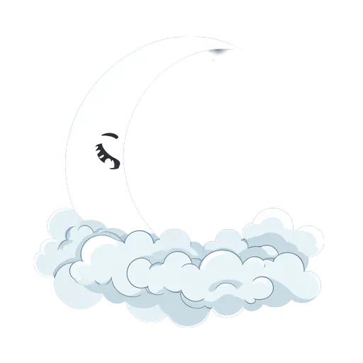 Whimsical white crescent moon with closed eyes sleeping on fluffy light blue clouds in a cartoon style.