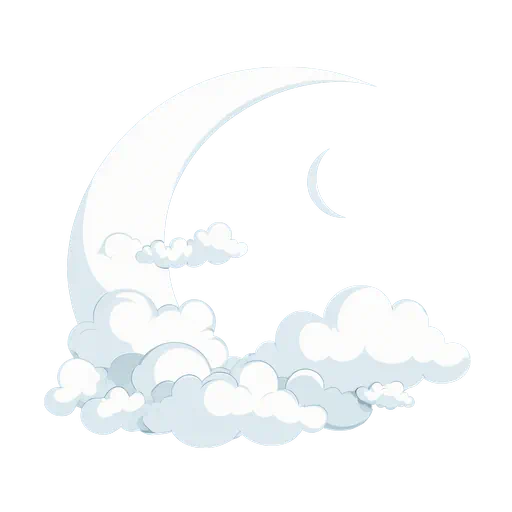 A stylized white crescent moon resting atop soft blue and white clouds in a cartoon vector style.
