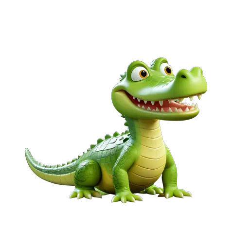 Cute smiling 3D cartoon crocodile with vibrant green skin and yellow belly in a friendly animated style.