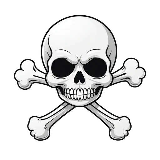 Black and white illustrated skull and crossbones icon in a clean vector style with gray shading.