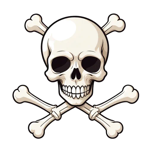 Cartoon style cream skull and crossbones with bold black outlines and eye sockets on a plain background.