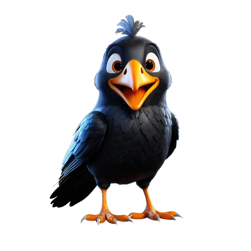 3D animated black crow character with a vibrant orange beak and legs, friendly stylized bird illustration.