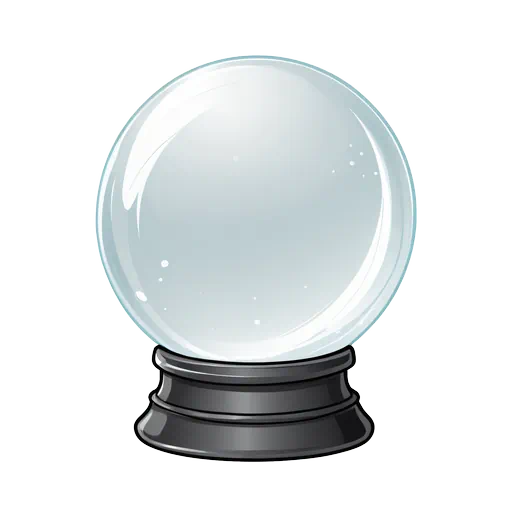 Illustrative light blue magic crystal ball on a black tiered stand with subtle white reflections and sparkles.