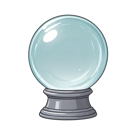 Pale blue illustrative crystal ball on a grey pedestal with white glossy reflections for Halloween magic themed designs.