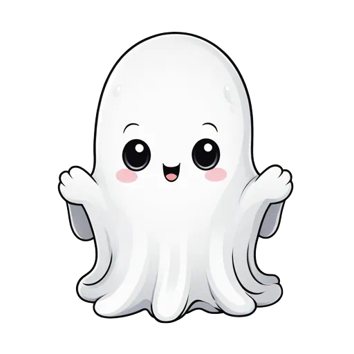 Cute cartoon white ghost with big black eyes and pink cheeks in a friendly kawaii illustration style.
