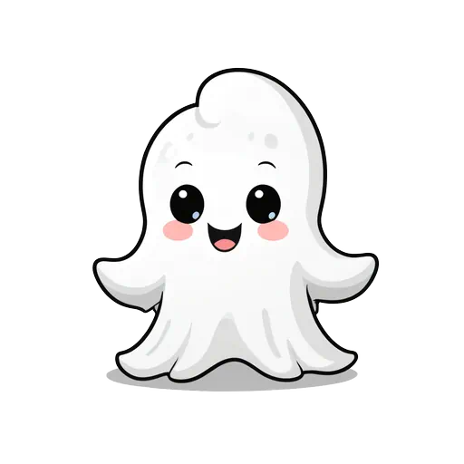 A cute cartoon white ghost with large black eyes, pink blushing cheeks, and a happy smiling expression.