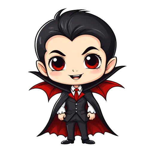 Chibi vampire boy in black and red cape with red eyes in a cute cartoon sticker style.