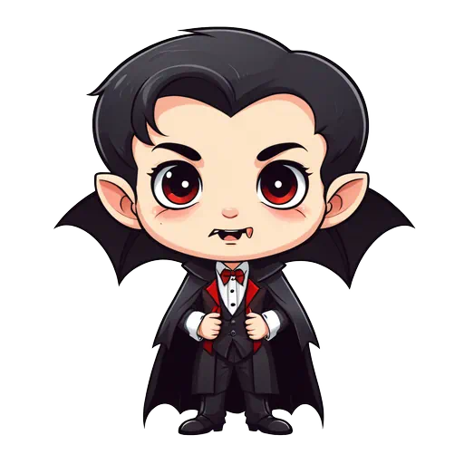 Cute chibi vampire boy with black hair, red eyes, and tuxedo wearing a black and red cape.