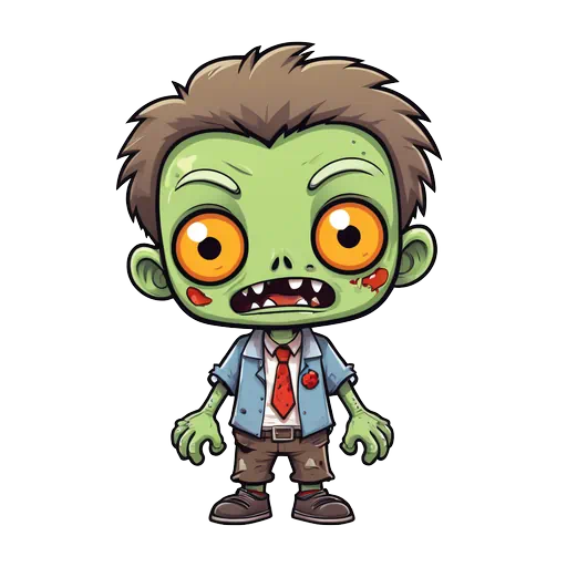 Cartoon zombie boy with green skin, orange eyes, blue shirt, red tie, and brown hair on white background.