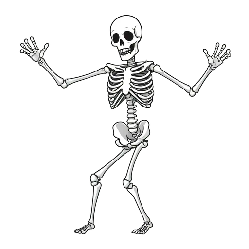 Cartoon dancing skeleton with arms raised, white bones with grey shading, black outlines on a white background.