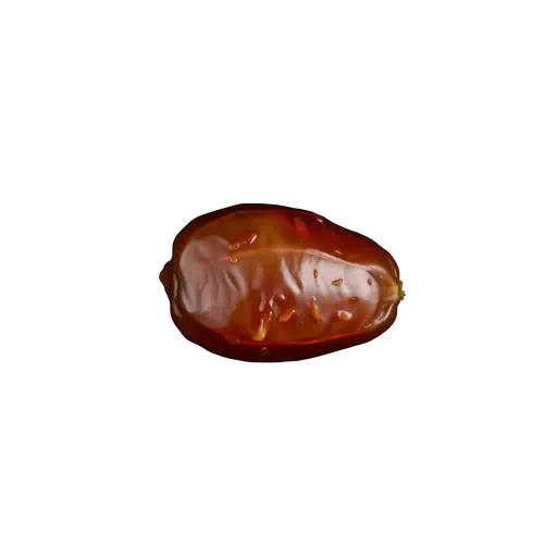 Glossy dark brown dried date fruit with wrinkled texture isolated on a white background, studio style.