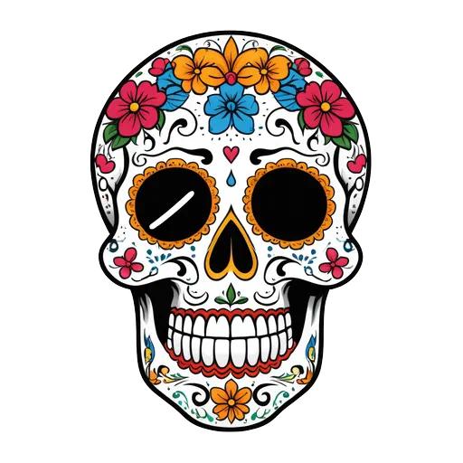 Vibrant Day of the Dead sugar skull with colorful floral crown and traditional Mexican folk art patterns.