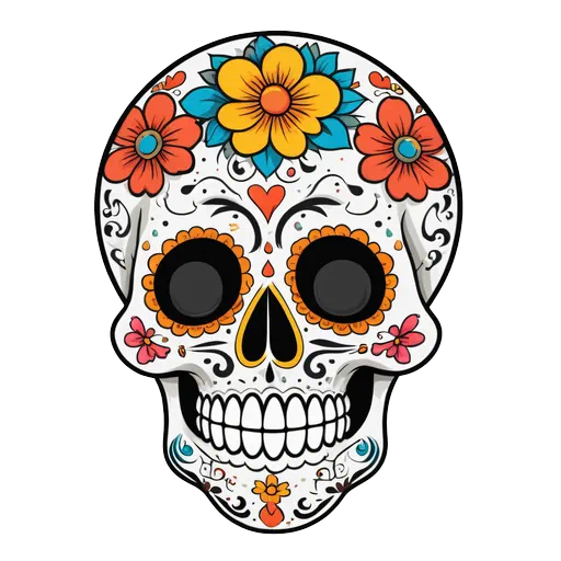 Vibrant white sugar skull with orange and yellow flowers, teal accents, and black outlines in a vector style.