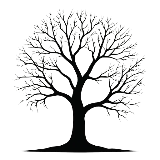 Black silhouette of a leafless dead tree with intricate branches on a white background in a minimalist style.