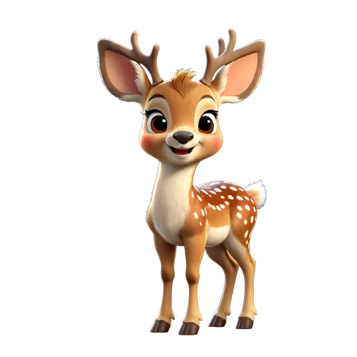 Adorable 3D animated brown deer with white spots and small antlers in a friendly standing pose.
