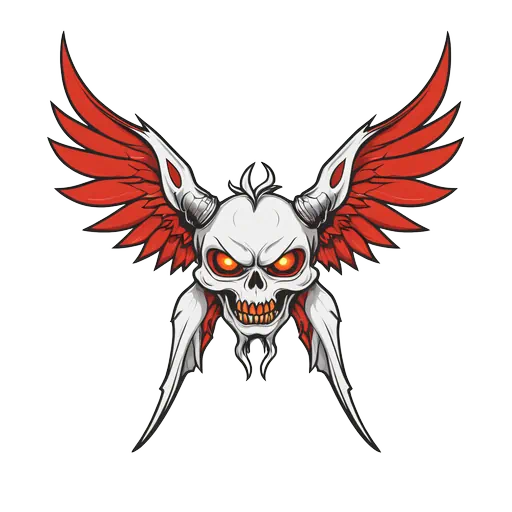 Angry white skull with glowing orange eyes and large red feathered wings in a bold vector illustration style.