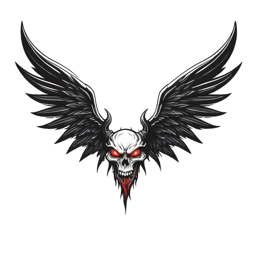 Gothic illustration of a skull with glowing red eyes and large black feathered wings on white background.