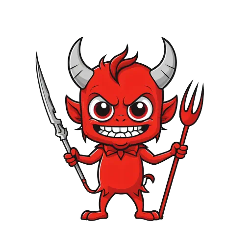 Cartoon red devil with grey horns holding a red pitchfork and silver spear on a white background.
