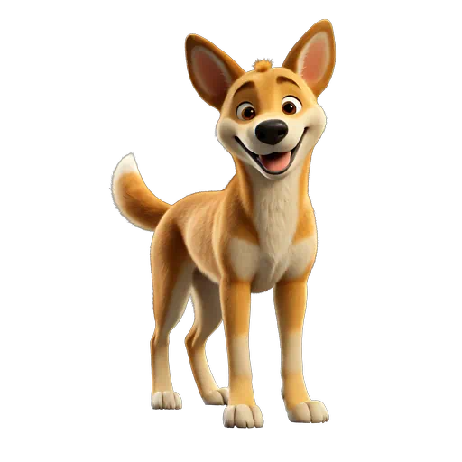Cute 3D animated dingo character with orange and tan fur, large ears, and a friendly smile.