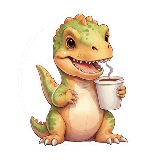 Cute green cartoon T-Rex dinosaur holding a steaming white coffee cup, illustrated sticker style with orange accents.