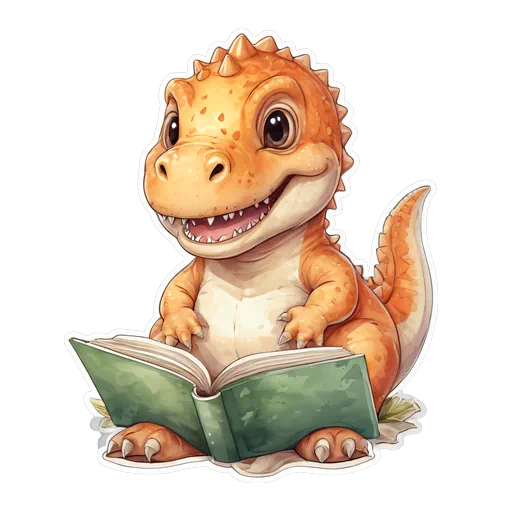 Cute orange watercolor baby T-Rex sitting and reading a vintage green book on a white background.